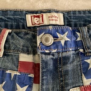 Size 4 iei red. White and blue Jean shorts like new rarely worn.